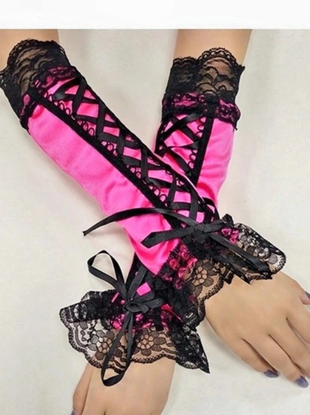 Pink & Black Lace Fingerless Gloves